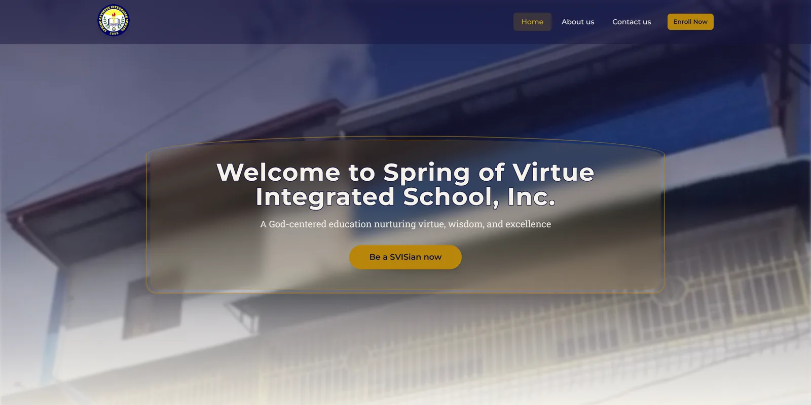 Spring of Virtue Integrated School landing page featuring the school building and navigation